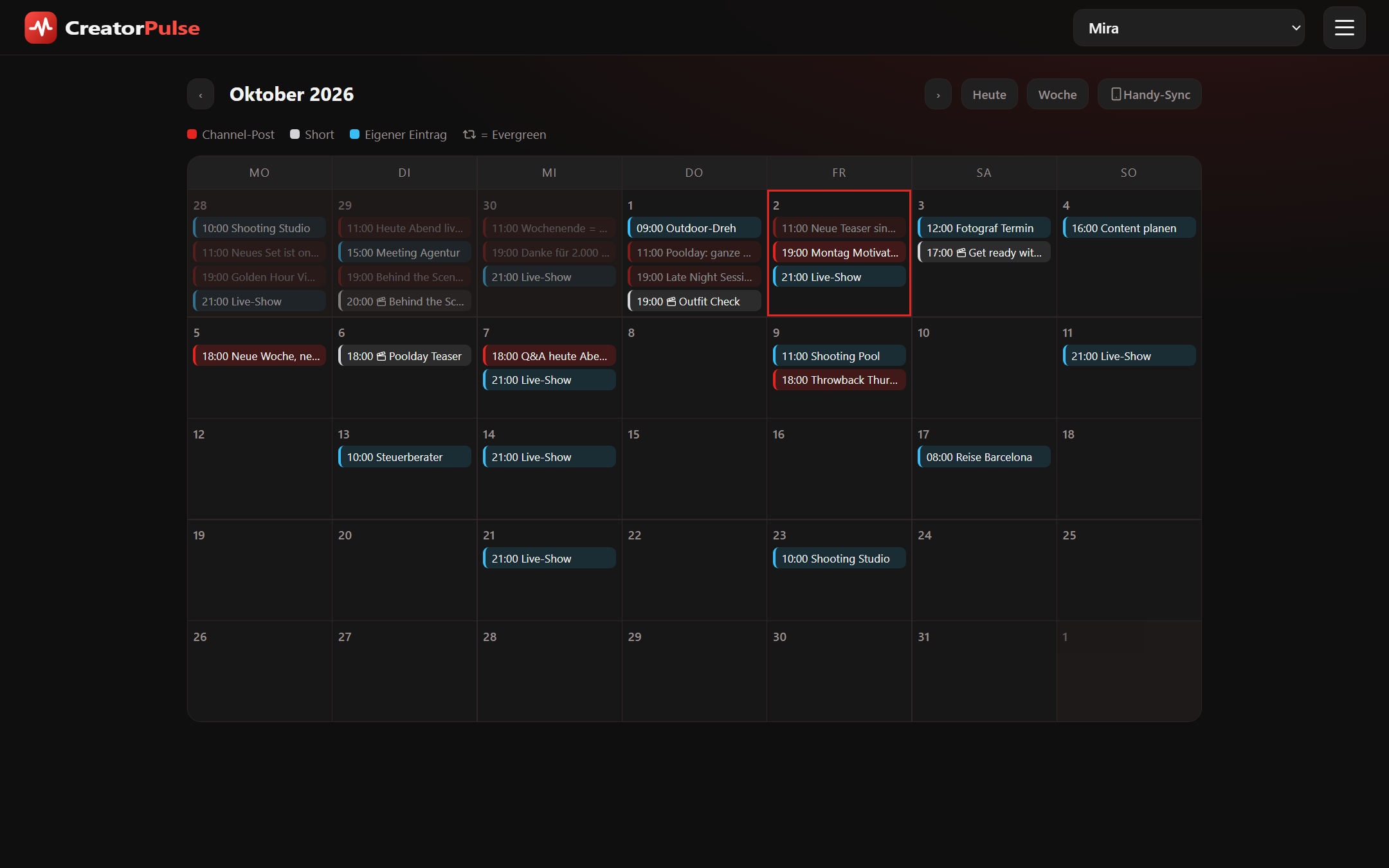Monatskalender mit farbig markierten Posts, Shorts und Terminen